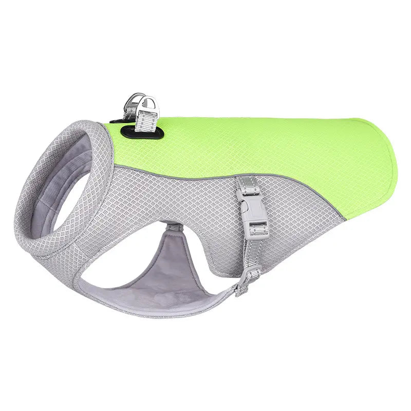 Gray lightweight dog cooling vest with breathable green mesh fabric