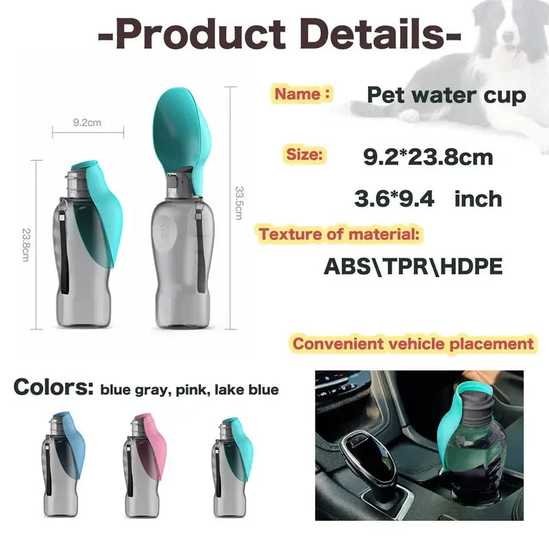 Dog water bottle available in multiple colors for travel and outdoor use