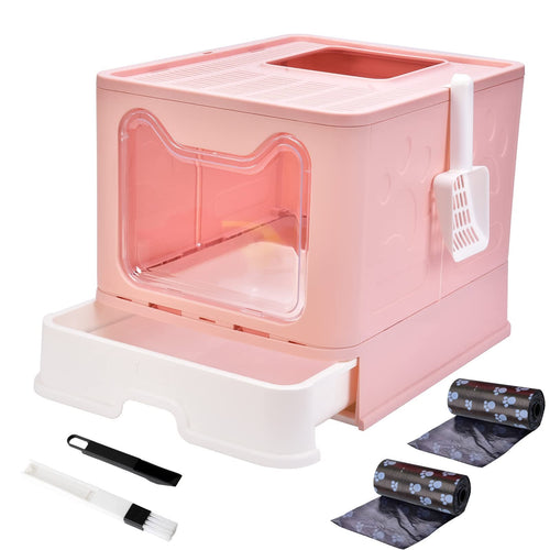Pink cat litter box with accessories on a white background