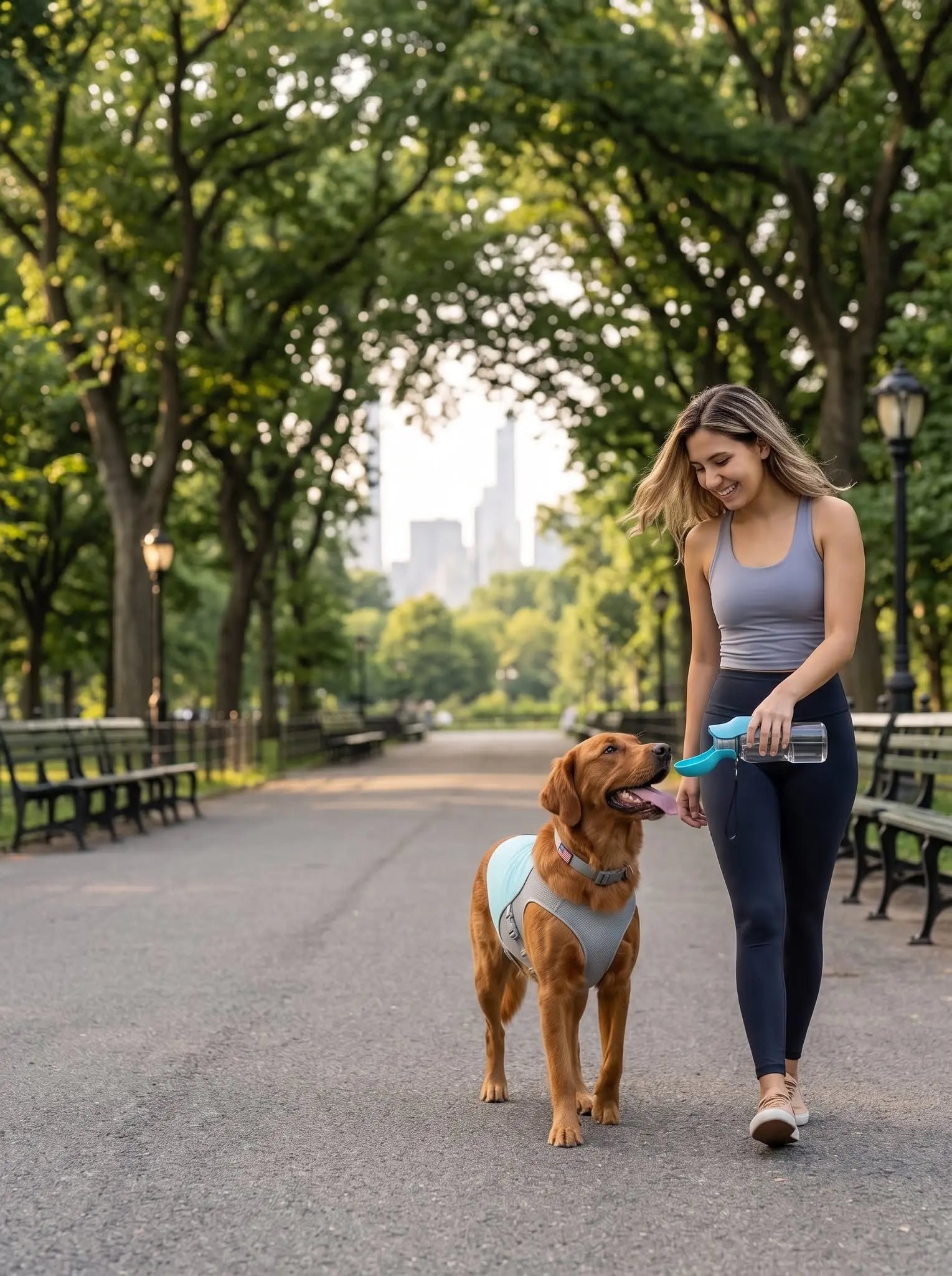 Dog drinking water from a portable dog water bottle during an outdoor walk