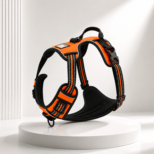 orange and black adjustable no-pull dog harness on a medium dog