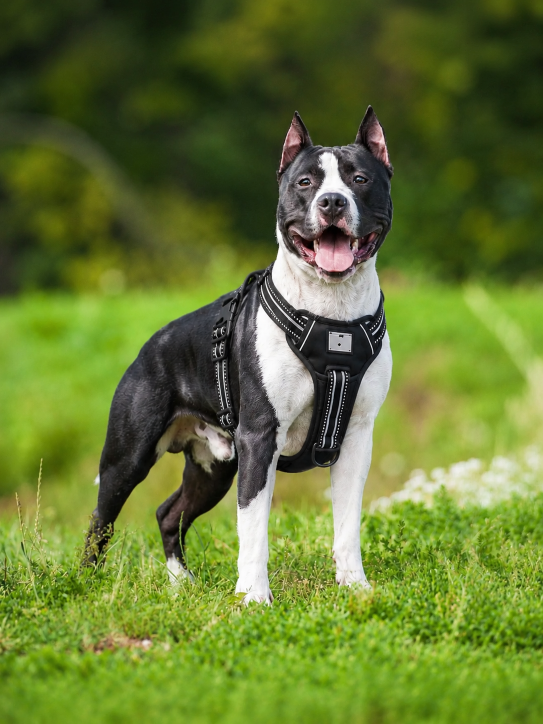 dog and black adjustable no-pull dog harness on a medium dog