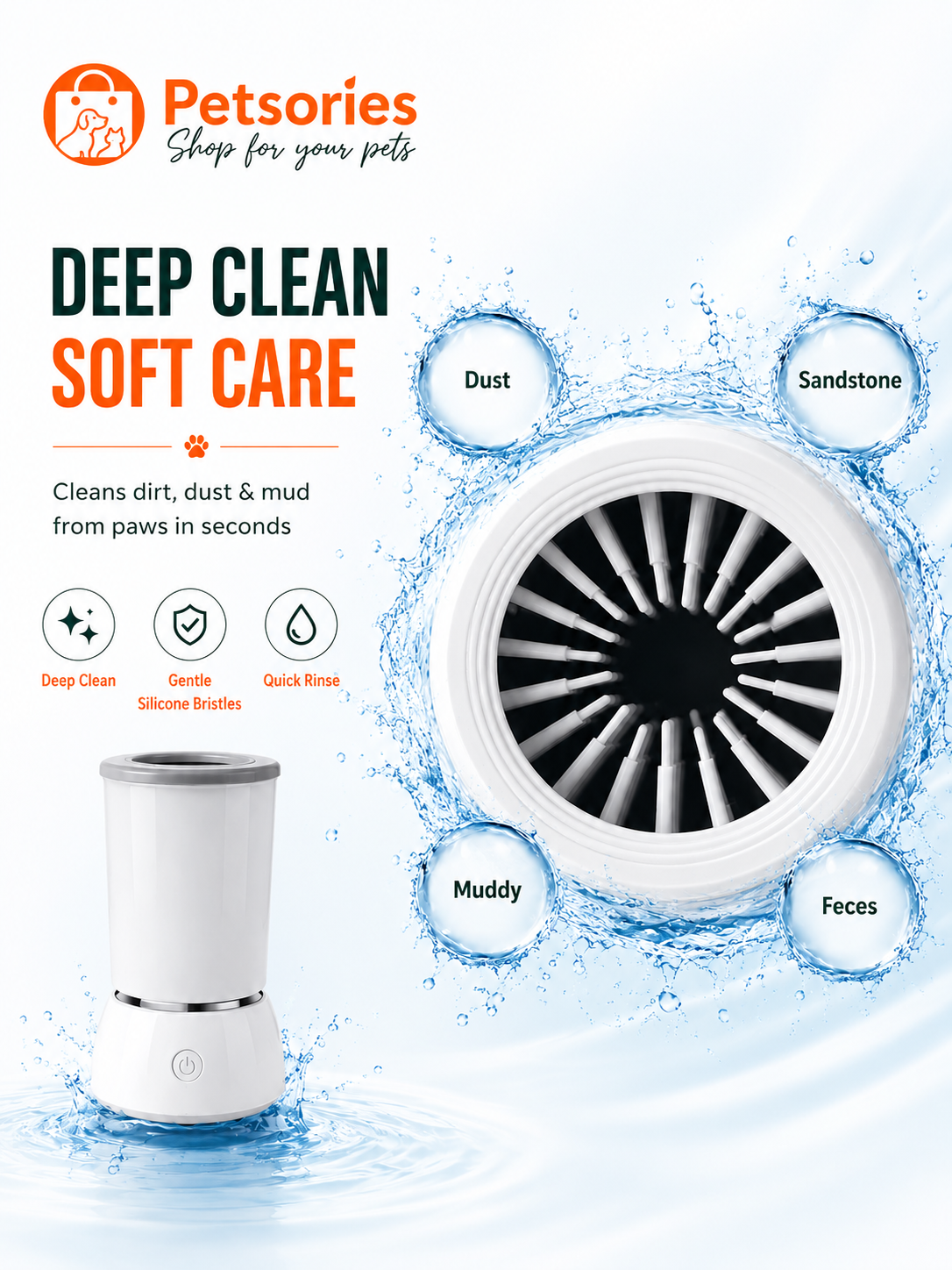 A pet paw cleaning device shown on a light blue water-themed background with product text and callouts. The product is a small Portable Dog Paw Cleaner device icons and labels for deep clean, dust, sandstone, muddy, and feces cleaning benefits.