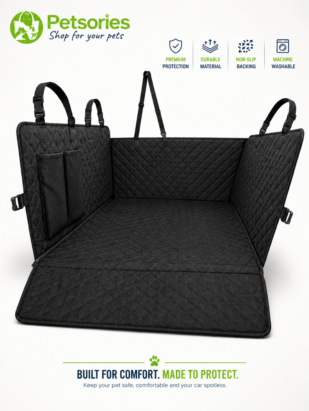 A black quilted Waterproof Dog Car Seat Cover  Nonslip Back Seat Protector for Cars, SUVs & Trucksshown open on a white background, with product features and benefits displayed at the top and a slogan at the bottom. The Petsories brand logo is visible in the top left.