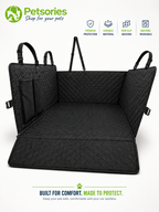 A black quilted Waterproof Dog Car Seat Cover  Nonslip Back Seat Protector for Cars, SUVs & Trucksshown open on a white background, with product features and benefits displayed at the top and a slogan at the bottom. The Petsories brand logo is visible in the top left.