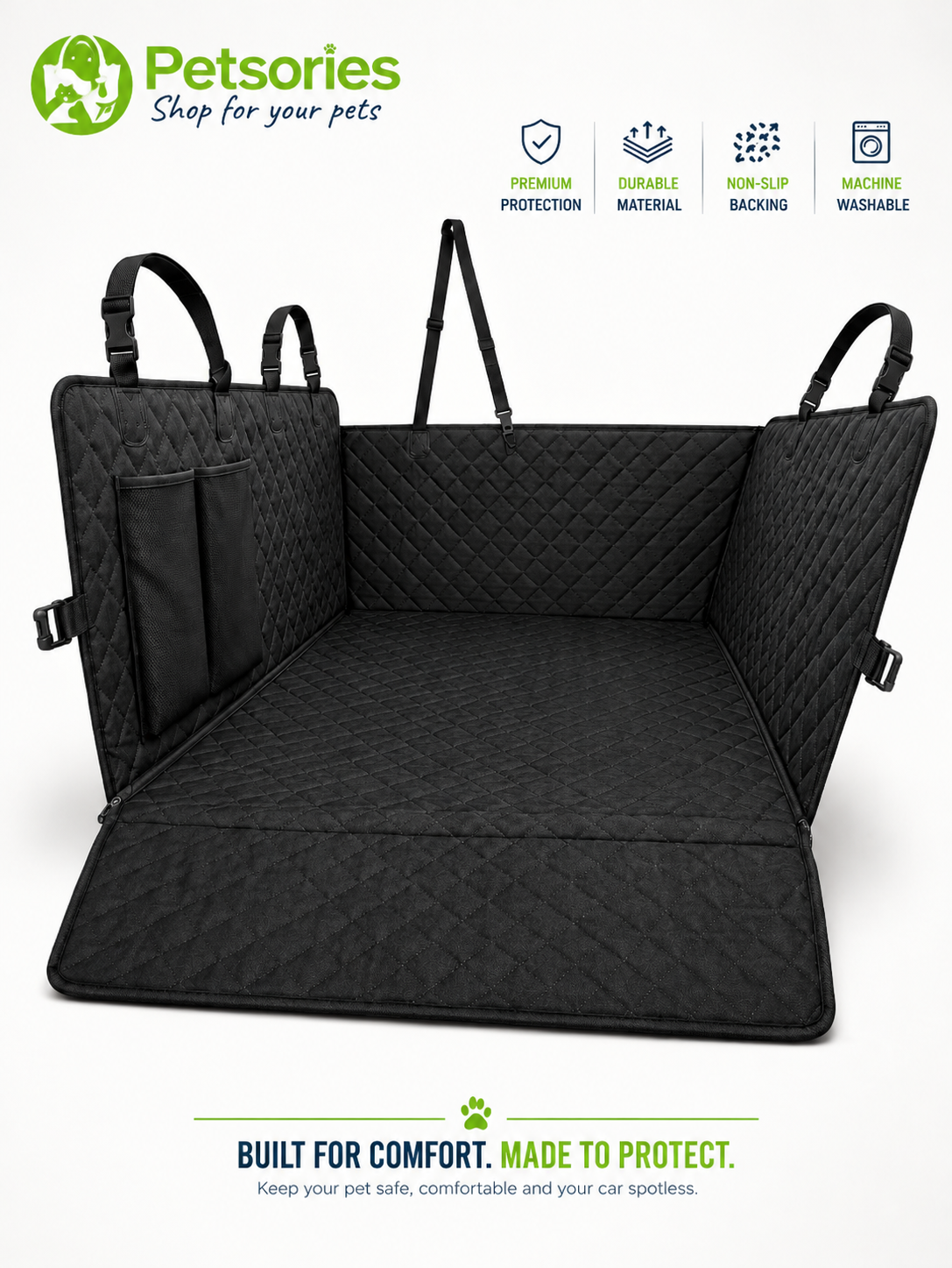 A black quilted Waterproof Dog Car Seat Cover  Nonslip Back Seat Protector for Cars, SUVs & Trucksshown open on a white background, with product features and benefits displayed at the top and a slogan at the bottom. The Petsories brand logo is visible in the top left.