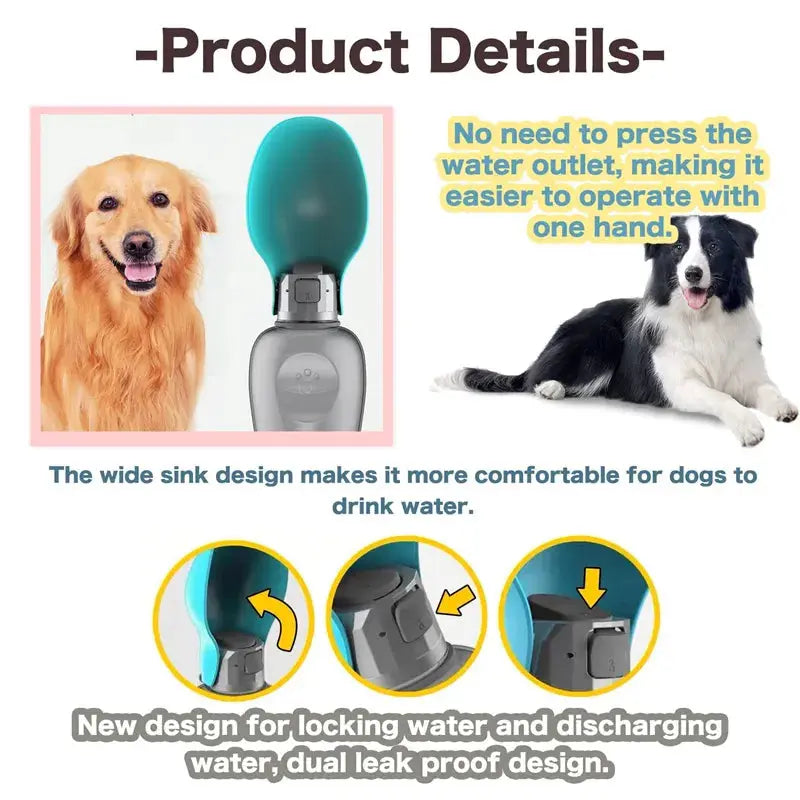 Dog water bottle showing one-button operation and leakproof design