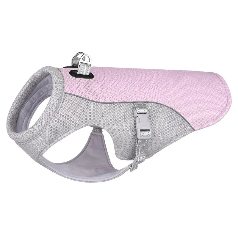 Adjustable purple dog cooling jacket for dogs during hot weather